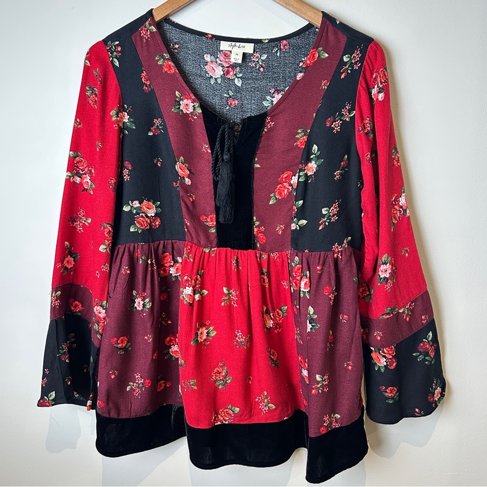 Style & Co. Floral Patchwork Red Black Peasant Whimsygoth Blouse w/ Velvet - Picture 2 of 11